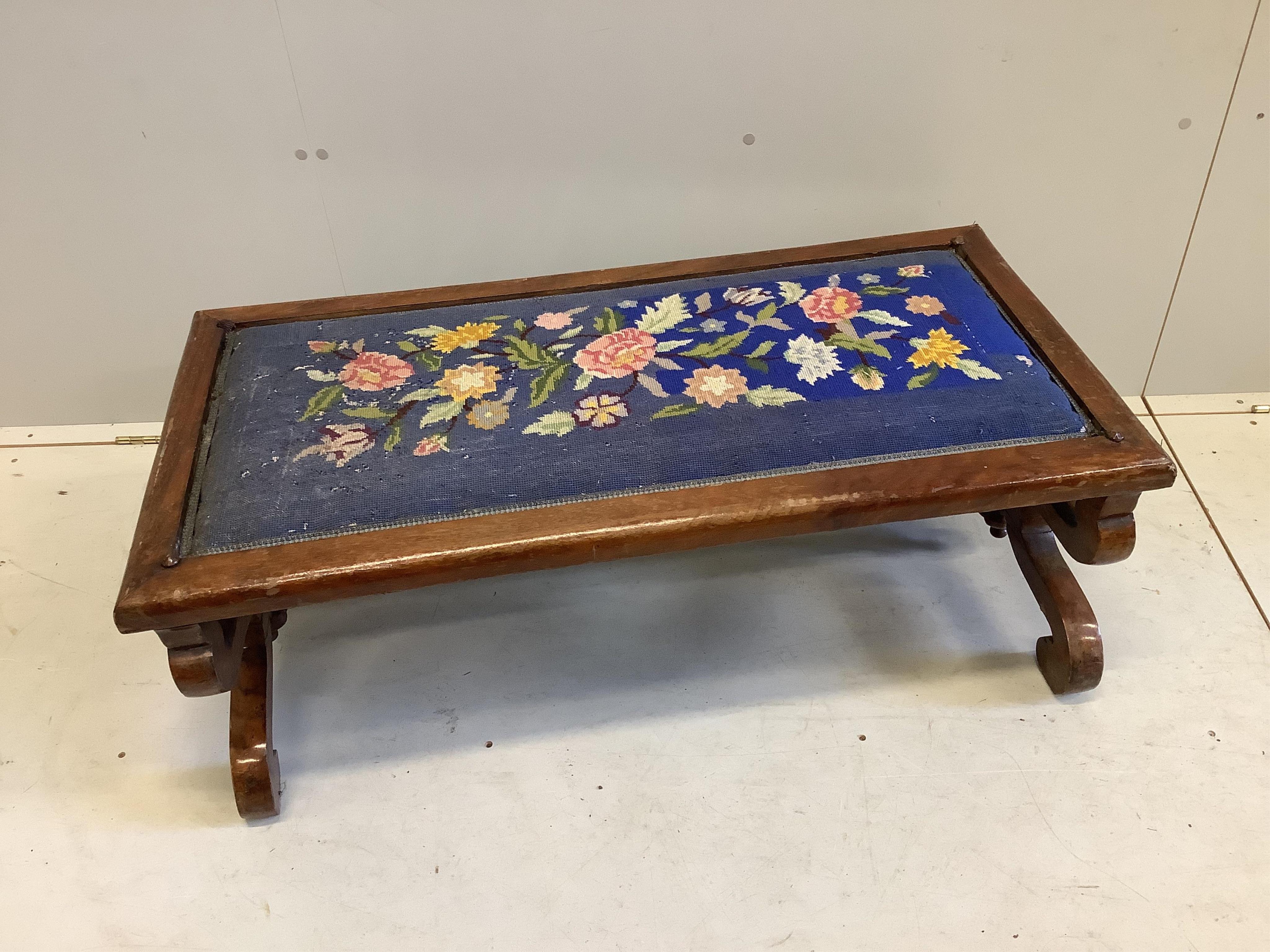 A Victorian mahogany X framed petit-point stool, width 52cm, depth 51cm, height 36cm. Condition - poor